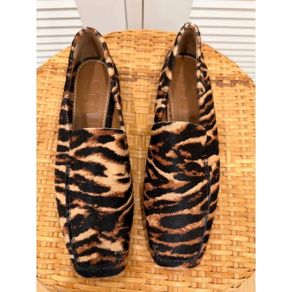 Staud Becks Leopard Calf Hair Loafers Brown Black Square Toe Flats Womens 38